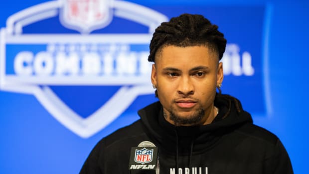 Missouri defensive back Kris Abrams-Draine (DB01) talks to the media during the 2024 NFL Combine at Lucas Oil Stadium